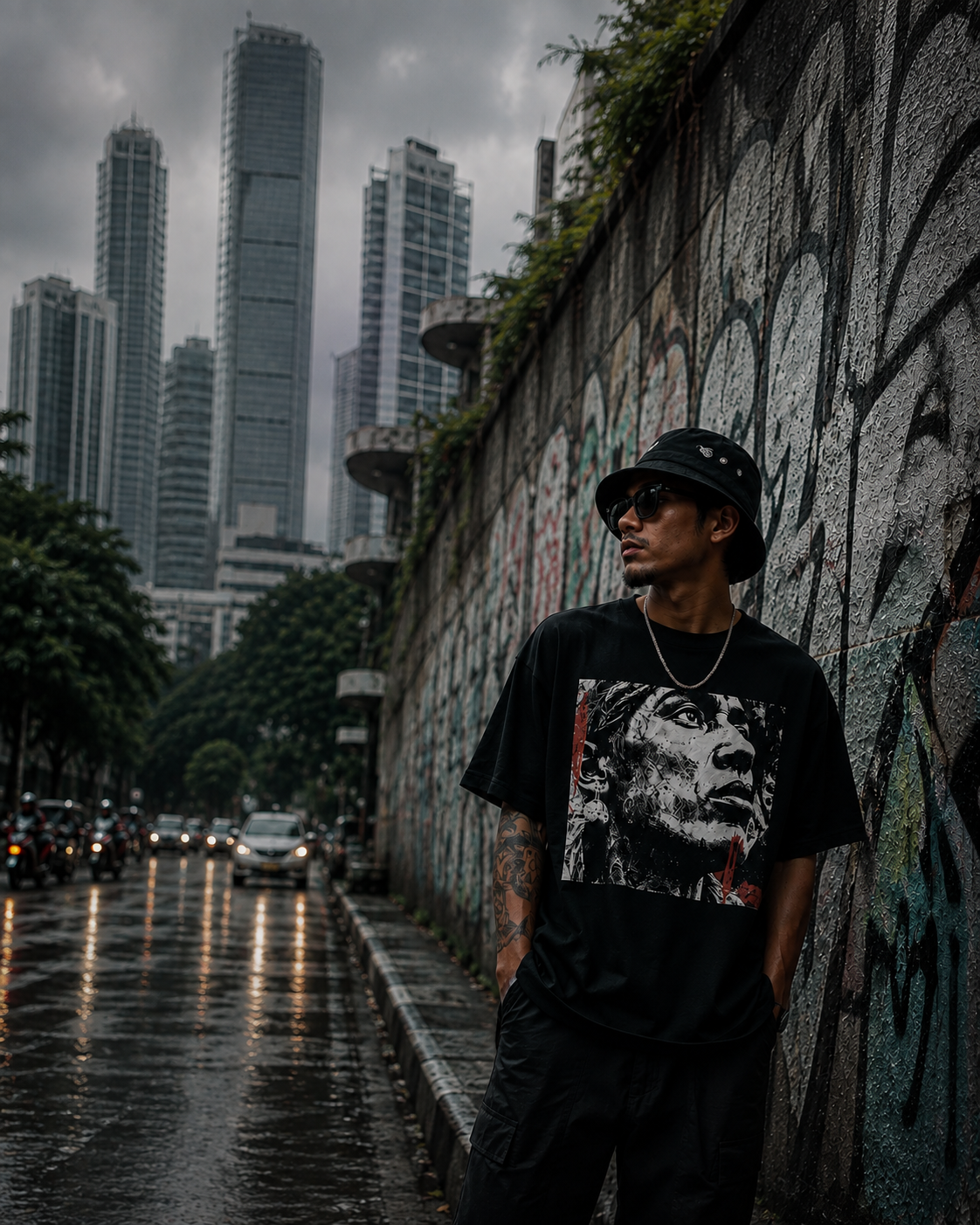 A figure in a bucket hat and graphic t-shirt stands before a graffiti-covered wall on a wet Indonesian street at night.